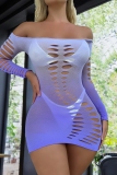 White Purple Sexy Hot Gradient Print Hollow Out See-Through Lingerie