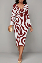 Burgundy Casual Stripe Patchwork V Neck Wrapped Skirt Dresses