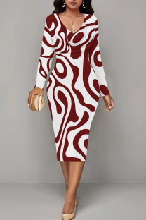 Burgundy Casual Stripe Patchwork V Neck Wrapped Skirt Dresses