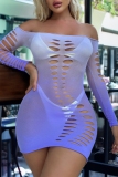 White Purple Sexy Hot Gradient Print Hollow Out See-Through Lingerie