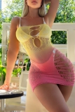 Yellow Pink Sexy Gradient Hollow Out See-Through Backless Lingerie