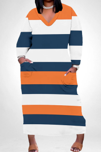 Orange White Casual Colorblock Pocket Patchwork V Neck Straight Plus Size Dresses