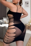 Black Sexy Solid Color Hollow Out See-Through Backless Spaghetti Strap Plus Size Sleepwear