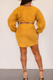 Brown Yellow Casual Solid Color Hollow Out Patchwork O Neck Wrapped Skirt Dresses