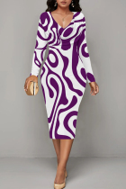 Purple Casual Stripe Patchwork V Neck Wrapped Skirt Dresses