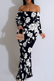 Black Elegant Print Patchwork Backless Off Shoulder Long Dresses