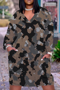 Coffee Casual Camouflage Print Pocket Basic V Neck Long Sleeve Plus Size Dresses