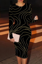 Black Gold Casual Stripe Patchwork O Neck Wrapped Skirt Dresses
