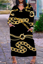 Gold Casual Daily Chain print Pocket Basic V Neck Long Plus Size Dresses
