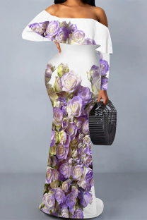 Purple Sexy Flowers Print Ruffle Contrast Off Shoulder Long Dresses