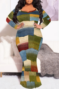 Multicolor Sexy Colorblock Print Contrast Fishtail V Neck Printed Plus Size Dresses