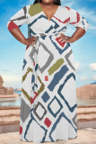 Black Casual Geometric Print Lace Up Contrast V Neck Printed Plus Size Dresses