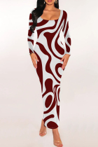 Red Casual Stripe Patchwork U Neck Wrapped Skirt Dresses