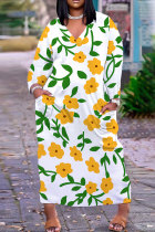 White Casual Daily Floral Print Pocket Basic V Neck Long Plus Size Dresses