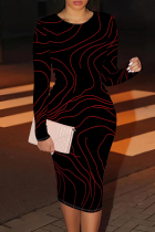 Black Red Casual Stripe Patchwork O Neck Wrapped Skirt Dresses