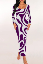 Purple Casual Stripe Patchwork U Neck Wrapped Skirt Dresses