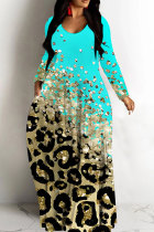 Cyan Casual Leopard Print Basic V Neck Long Dresses