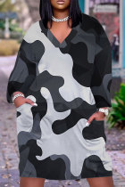 Dark Gray Casual Camouflage Print Pocket Basic V Neck Long Sleeve Plus Size Dresses