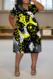 Black Casual Colorblock National Totem Print Pocket Contrast V Neck Printed Plus Size Dresses