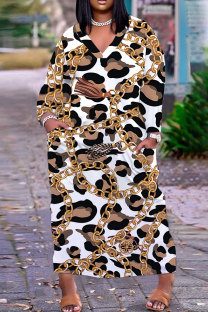 White Casual Daily Chain print Pocket Basic V Neck Long Plus Size Dresses