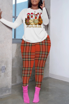 White Khaki Casual Print Basic O Neck Long Sleeve Two Pieces