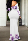 Purple Sexy Flowers Print Ruffle Contrast Off Shoulder Long Dresses