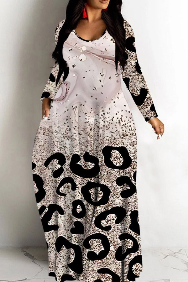 Silver Casual Leopard Print Basic V Neck Long Dresses