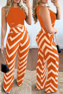 Orange Casual Print Hollowed Out O Neck Sleeveless Two Pieces