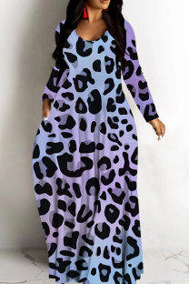 Blue Casual Leopard Print Basic V Neck Long Dresses