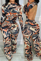 Tangerine Red Casual Print Patchwork Backless O Neck Skinny Jumpsuits
