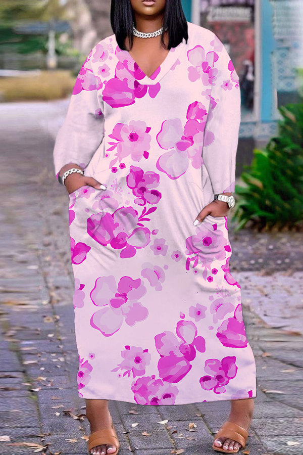 Pink Casual Daily Floral Print Pocket Basic V Neck Long Plus Size Dresses