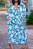 Sky Blue Casual Daily Floral Print Pocket Basic V Neck Long Plus Size Dresses