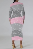 Light Blue Casual Print Basic O Neck Long Sleeve Dresses