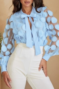 Light Blue Casual Patchwork Belted Tops