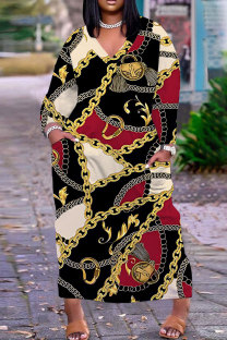 Black Red Casual Daily Chain print Pocket Basic V Neck Long Plus Size Dresses