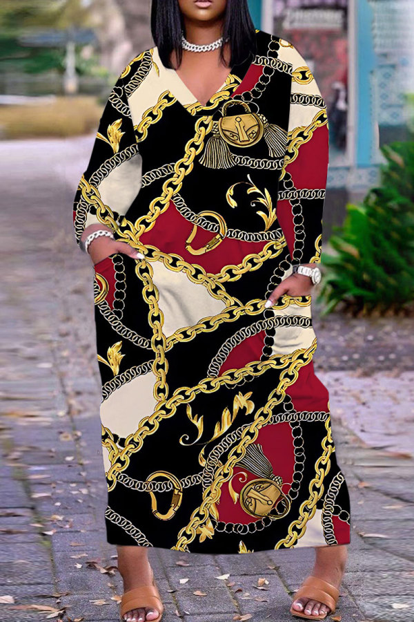 Black Red Casual Daily Chain print Pocket Basic V Neck Long Plus Size Dresses