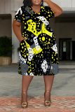 Black Casual Colorblock National Totem Print Pocket Contrast V Neck Printed Plus Size Dresses