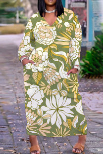 Grass Green Casual Daily Floral Print Pocket Basic V Neck Long Plus Size Dresses