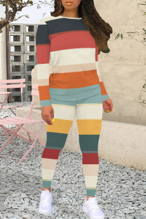 Multicolor Casual Colorblock Patchwork O Neck Long Sleeve Two Pieces