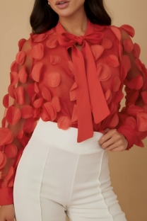 Red Casual Patchwork Belted Tops