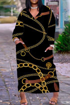 Black Brown Casual Daily Chain print Pocket Basic V Neck Long Plus Size Dresses