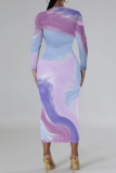Light Blue Casual Print Basic O Neck Long Sleeve Dresses
