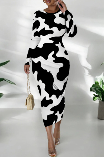 Black And White Casual Print Patchwork O Neck Long Dresses