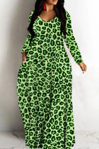 Green Casual Leopard Print Basic V Neck Long Dresses