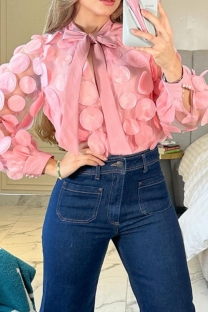 Pink Casual Patchwork Belted Tops