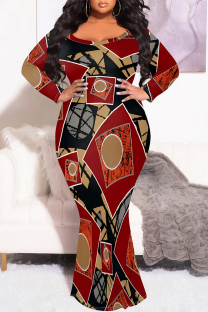 Red Sexy Colorblock Print Contrast Fishtail V Neck Printed Plus Size Dresses