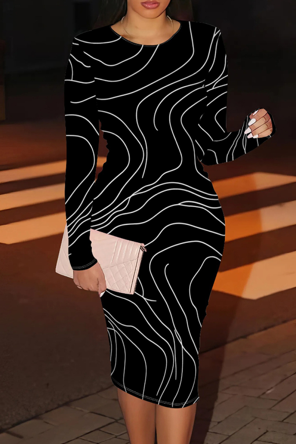 Black And White Casual Stripe Patchwork O Neck Wrapped Skirt Dresses