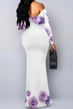 Purple Sexy Flowers Print Ruffle Contrast Off Shoulder Long Dresses