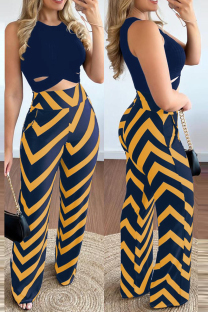Navy Blue Casual Print Hollowed Out O Neck Sleeveless Two Pieces