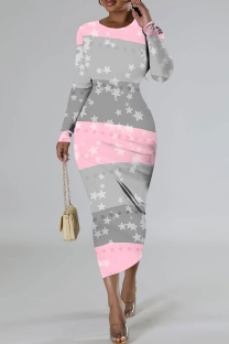 Gray Pink Casual Print Basic O Neck Long Sleeve Dresses